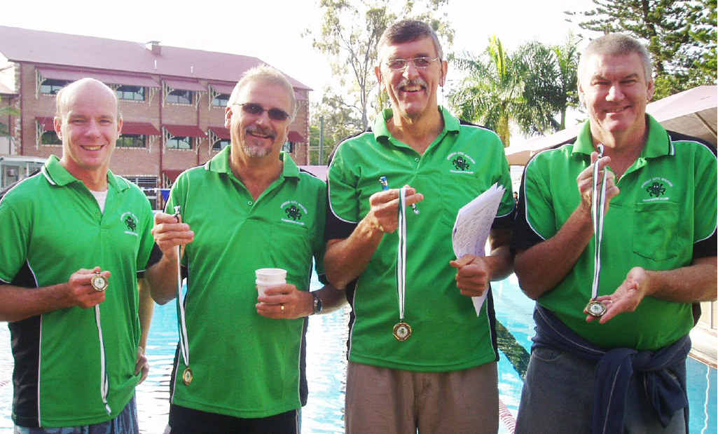 The Ipswich 4x100m medley team (from left) Graeme William, John Reugebrink, Jon Patterson and Tim Cahill set an age category masters record at the recent interclub meeting. The Ipswich 4x100m medley team (from left) Graeme William, John Reugebrink, Jon Patterson and Tim Cahill set an age category masters record at the recent interclub meeting.